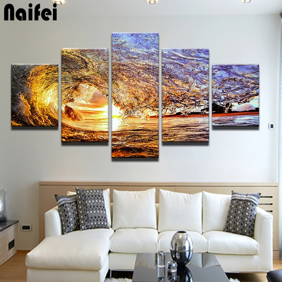 

Картина 5D "сделай сам", квадратная круглая алмазная живопись, 5 панелей, морская волна, закат, морской пейзаж, вышивка крестом, алмазная вышив...