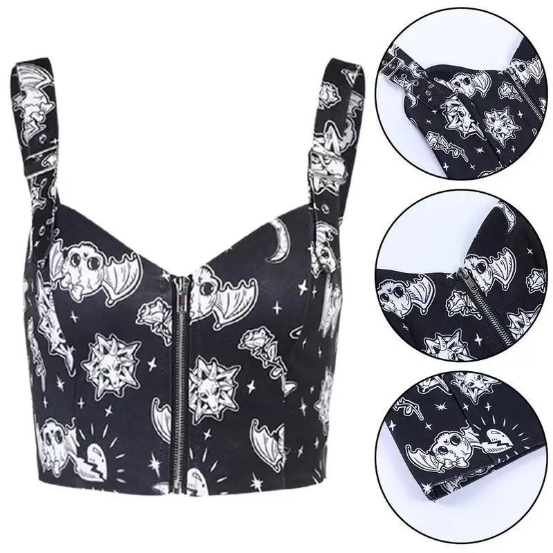 

Gothic Punk Zipper Crop Top women Harajuku Print female top top summer Neck V Sexy clothes Streetwear Backless tank tops co X8A6