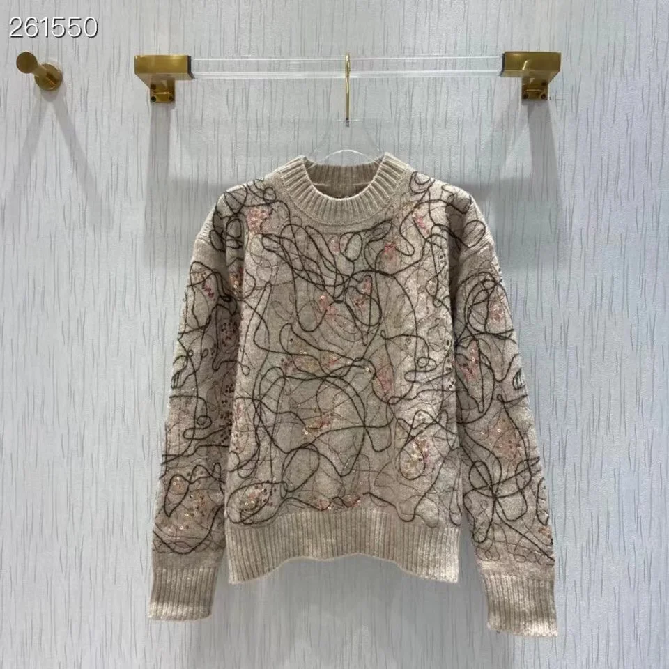 

High Quality Runway Design Sweater Women 2022 Spring Knitted Embroidery Sequins Femme Pullover Sweater