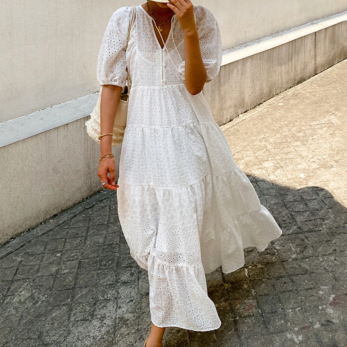 

Jastie 2021 Summer Women Dresses Embroidery V-Neck Hook Flower Hollow Maxi Dress Bohemian Prom Beach Holiday Casual Dress White