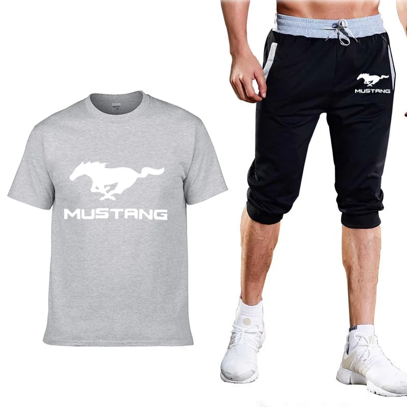 

Men Trend Round Neck Short-sleeve T-shirt Fashion Casual Clothing Mustang Logo Print Cotton Man T Shirt Sweatpants Suit Selling