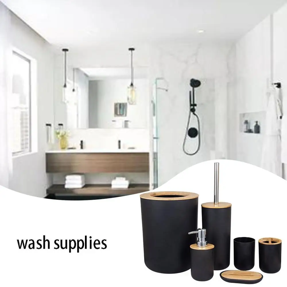 

6pcs/set Toothbrush Holder Kit Toiletry Supplies Practical Mouthwash Cup Trash Can Bathroom Bamboo And Wood