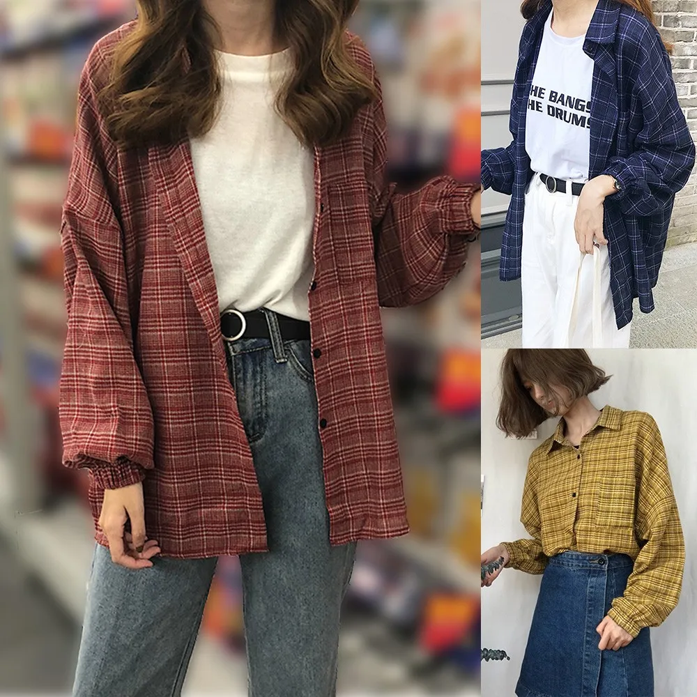 

Woman Vent Plaid Single Breasted Turn Down Collar Long Sleeve Button Shirt