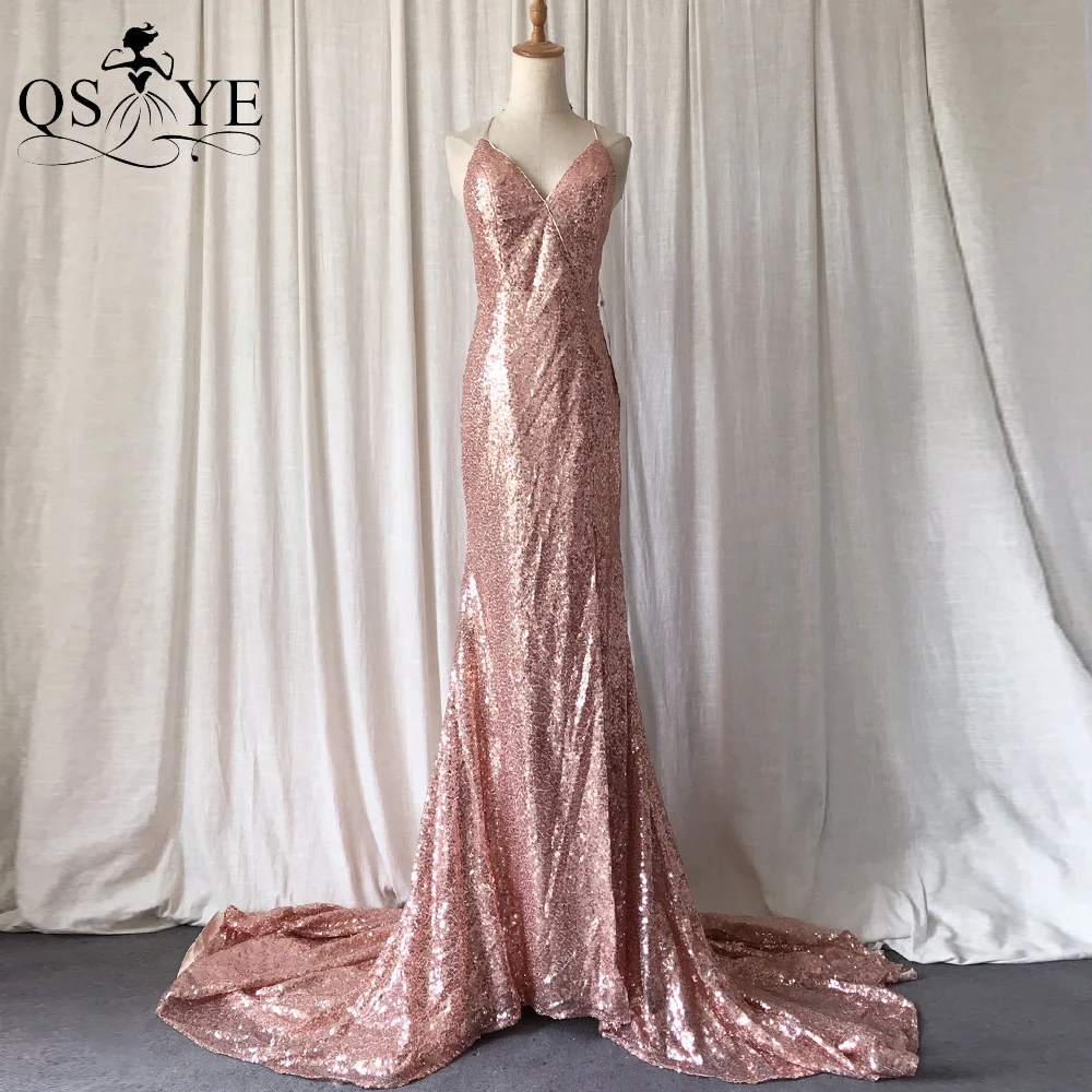 

Женское вечернее платье с блестками, розовое золотистое кружевное платье на бретельках с V-образным вырезом и открытой спиной, длинное плат...
