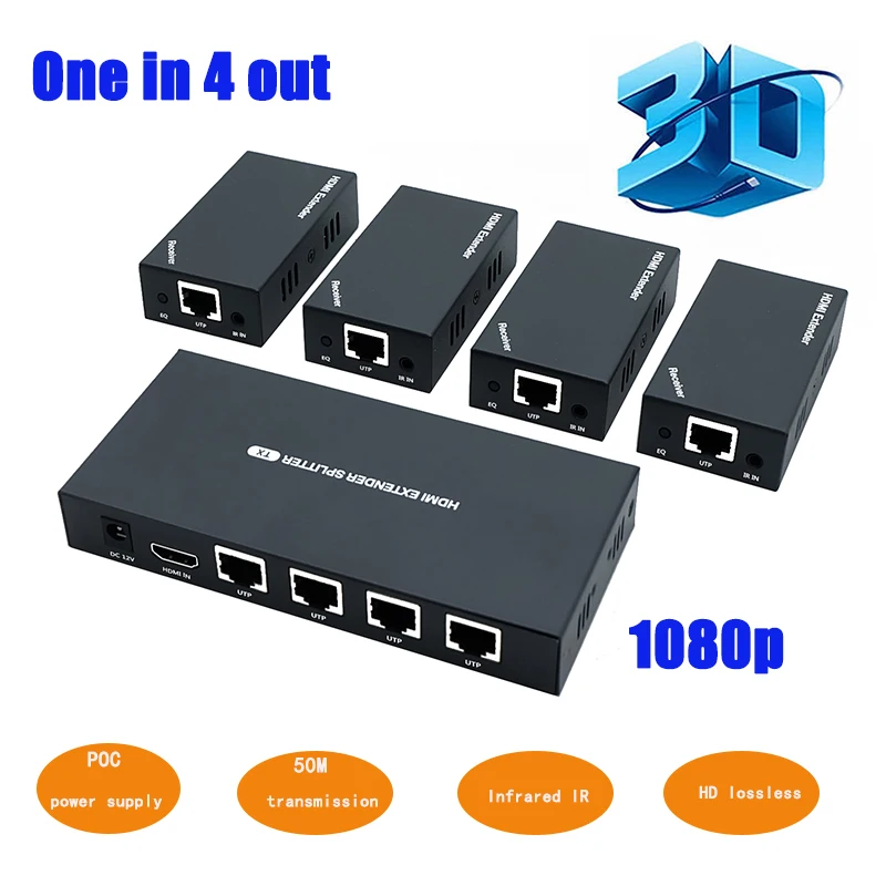 Удлинительный кабель 60 м RJ45 Cat5e Cat6 через UTP Rm 1x4 HDMI-разветвитель поддержка HD 1080P 1
