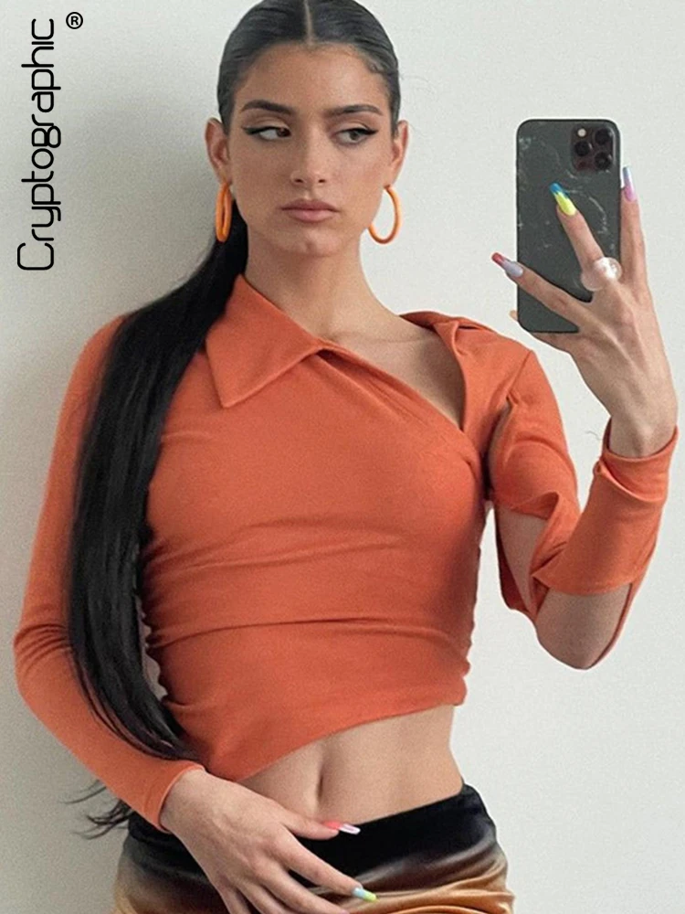 

Cryptographic 2022 Spring Chic Long Sleeve Elegant Cropped Women Tops Sexy Cut Out Club Party Irregular T-Shirts Tees Streetwear
