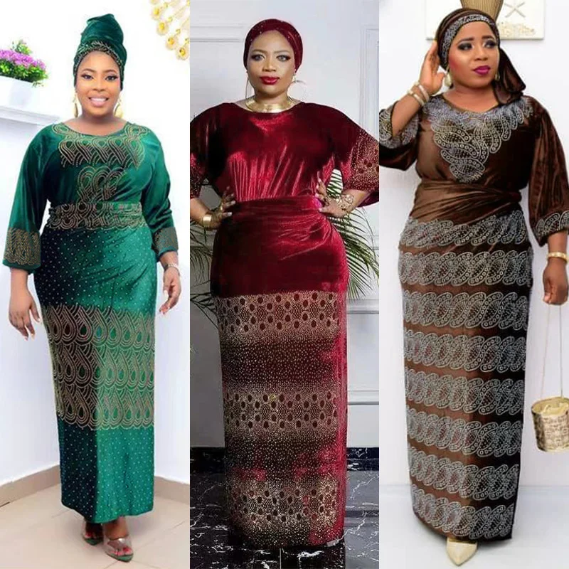 

Plus Size Velvet Dress Dashiki African Clothes For Women 3 Pieces Set Top Skirt With Headtie Ladies Long Maxi Party Dresses Robe