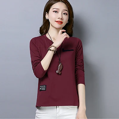 Red wine t shirt Shintimes футболка с фальшивым карманом, футболка с длинным рукавом, женские топы, Повседневная футболка из хлопка, женская модная футболка размера плюс 4Xl, женская футболка - Цвет: Red wine t shirt