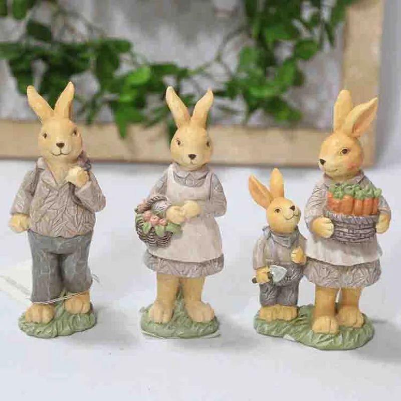 

European resin color imitation woodcut pattern male rabbit female rabbit mother and child rabbit egg basket small ornaments