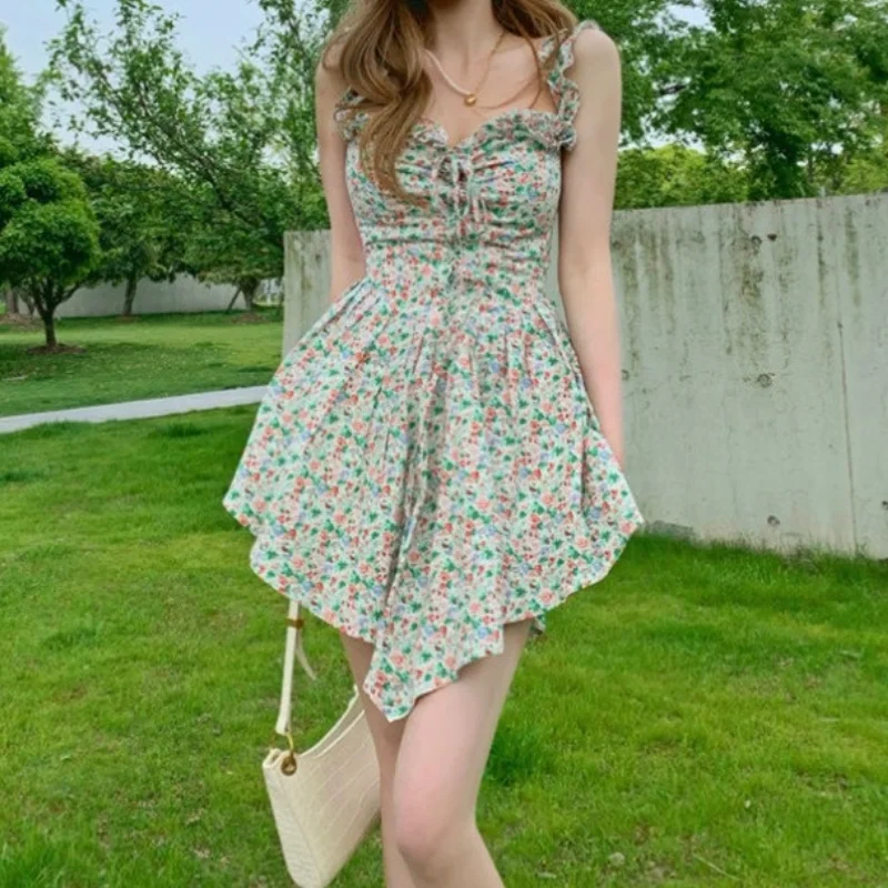 

Summer Sexy Floral Strap Dress Elegant Sweet Kawaii French Vintage Slim Dress Female Chic Irregular Lace Up Party Dress 2021
