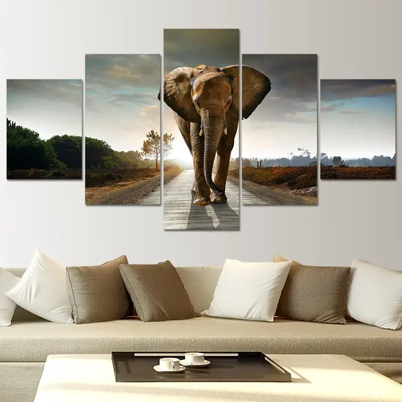 

HD Poster Printed Modern Cuadros Wall Art Modular 5 Panel Elephant Framework Pictures Home Decor Living Room Canvas Painting