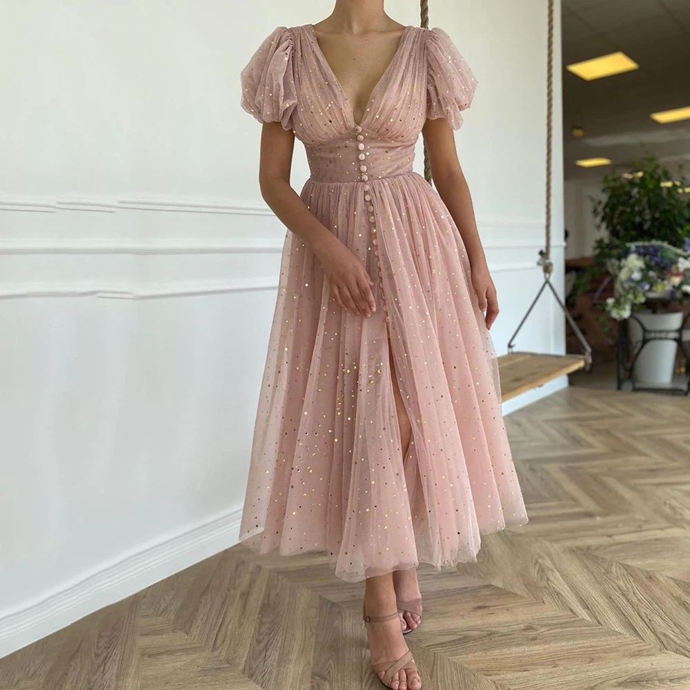 

Glitter Blush Short Prom Dresses 2021 V-Neck Puff Sleeves Pleated Tulle Evening Dresses Buttons Tea-Length A-Line Party Gowns