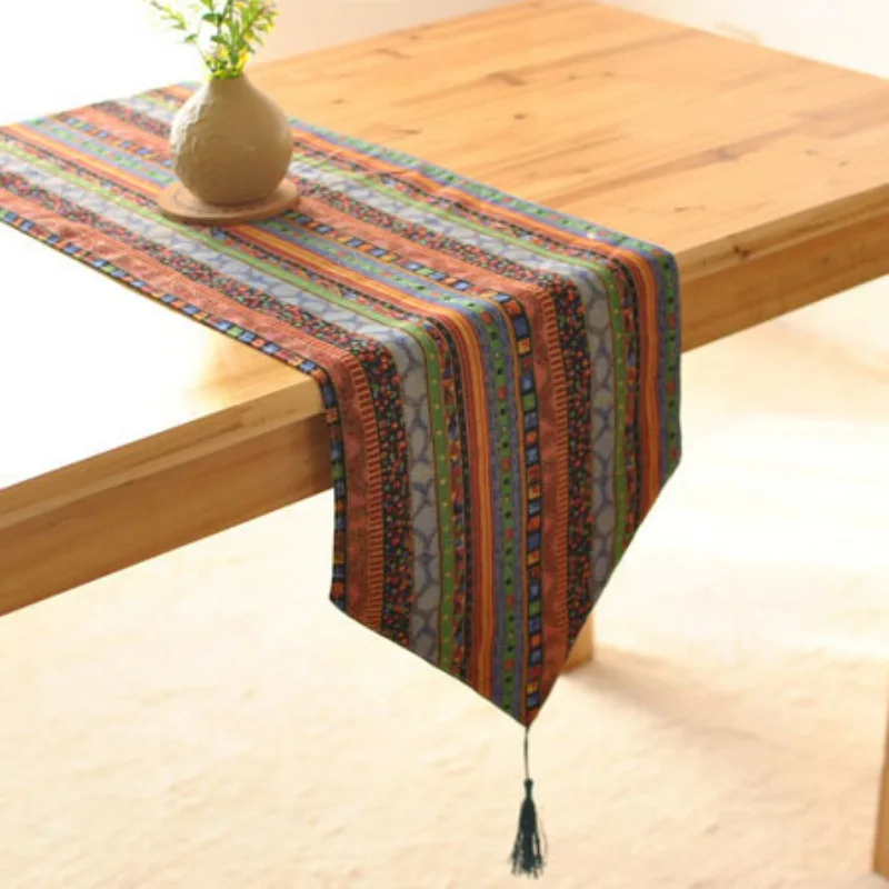 Красный синий хлопок лен декоративный настольный бегун с кисточками Юго