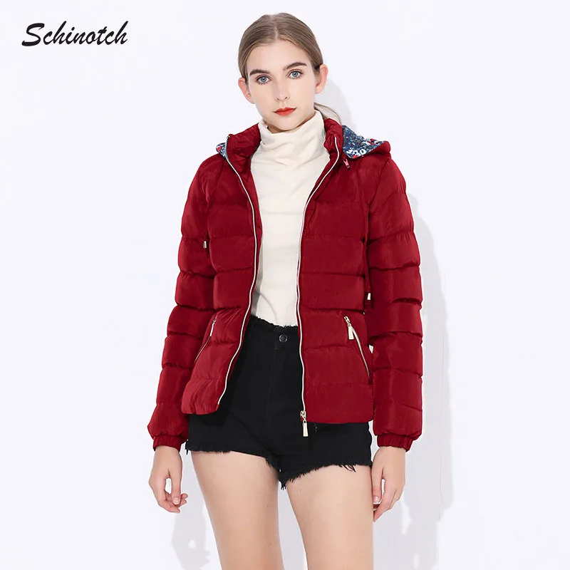 Schinotch Women Padded Jacket Thick Winter Warm Hooded Coat Vintage Floral Liner Outwear Parka Ladies Clothes
