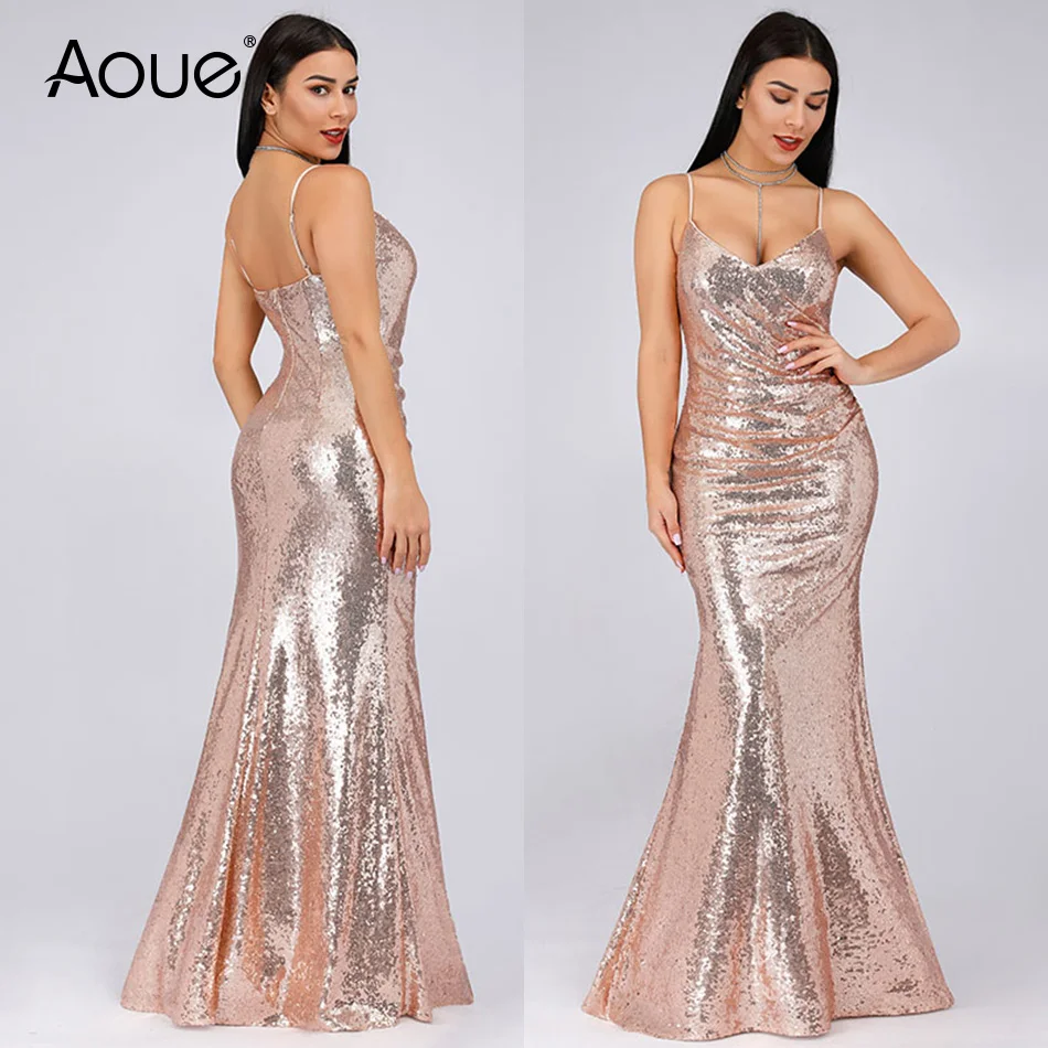 Aoue Золотое длинное вечернее платье с капюшоном сзади блестка Блеск элегантное