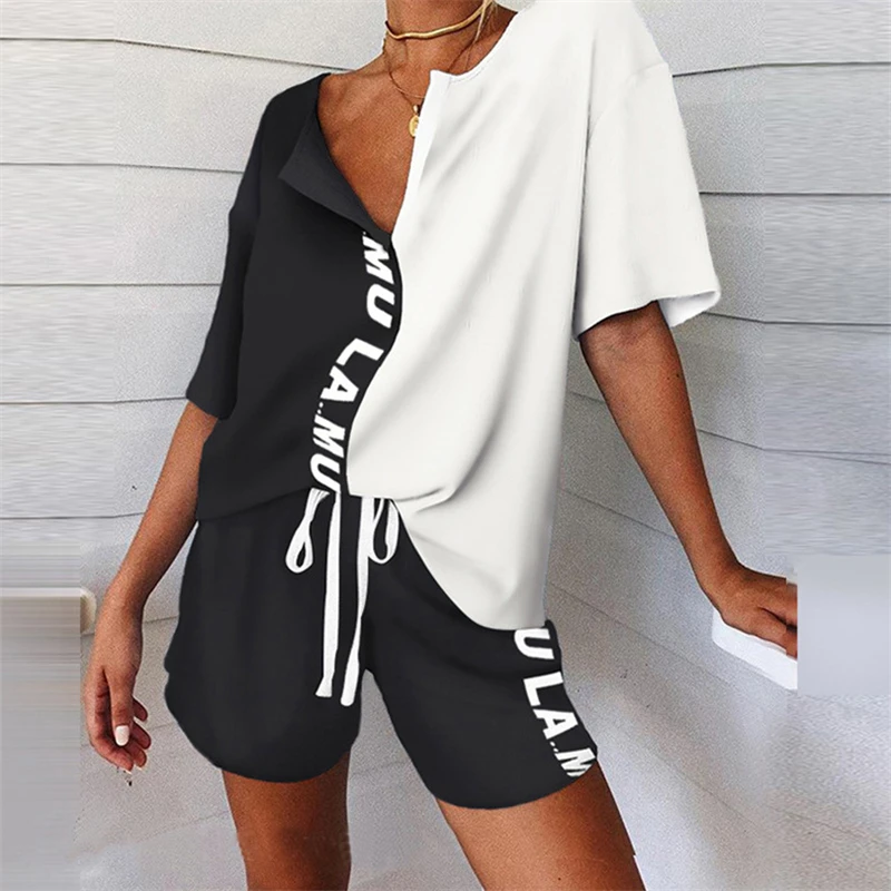 

Letter Print Tracksuit Women Two Piece Set Summer Clothes Floral Printed V Neck Tee Top Shorts Suits Casual Women's Sets Outfits