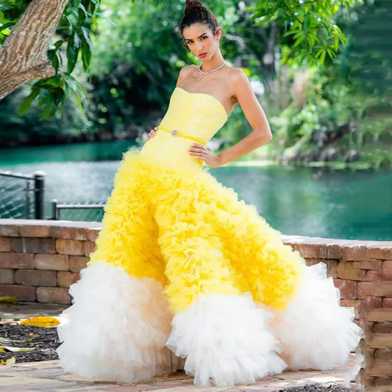 

Yellow And White Pleated Evening Dresses Strapless A-Line Ruffle Tiered Custom Made Formal Party Gowns New Arrival