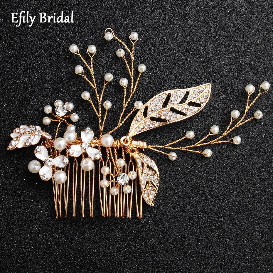 

Efily Gold Flower Leaf Pearl Hair Comb Bridal Hair Accessories for Women Rhinestone Wedding Headpiece Jewelry Bridesmaid Gift
