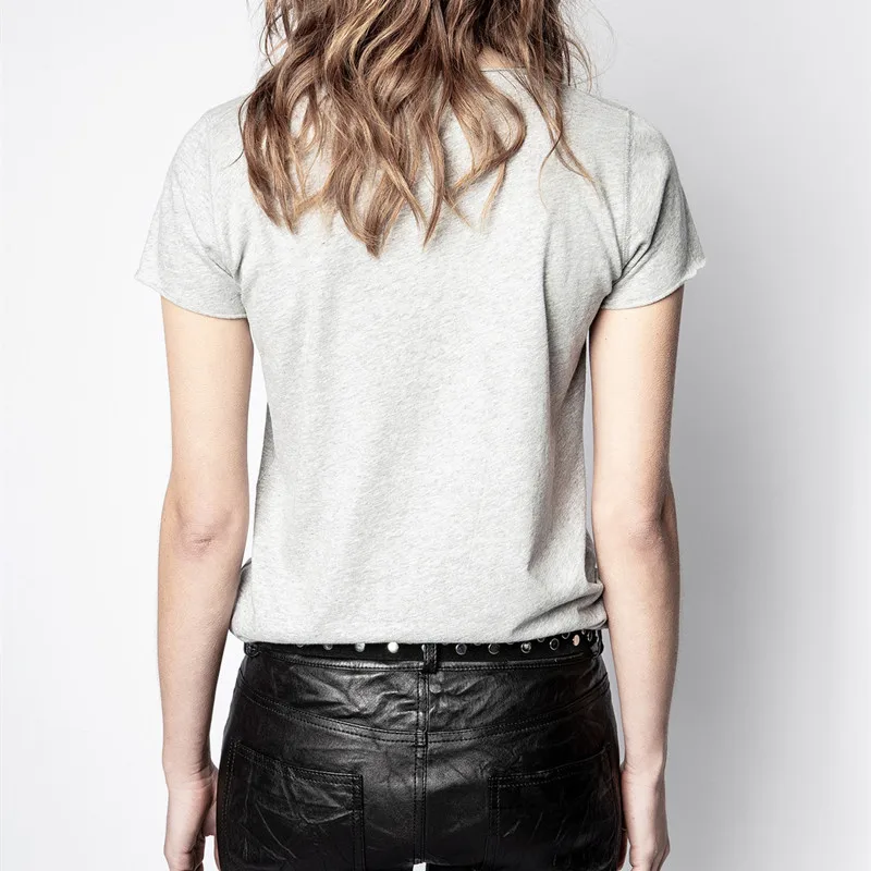 

White Black Gray T-Shirt Women's 100% Cotton Letter Heart Embroidery U-Neck Button 2021 Summer New Ladies Tshirt