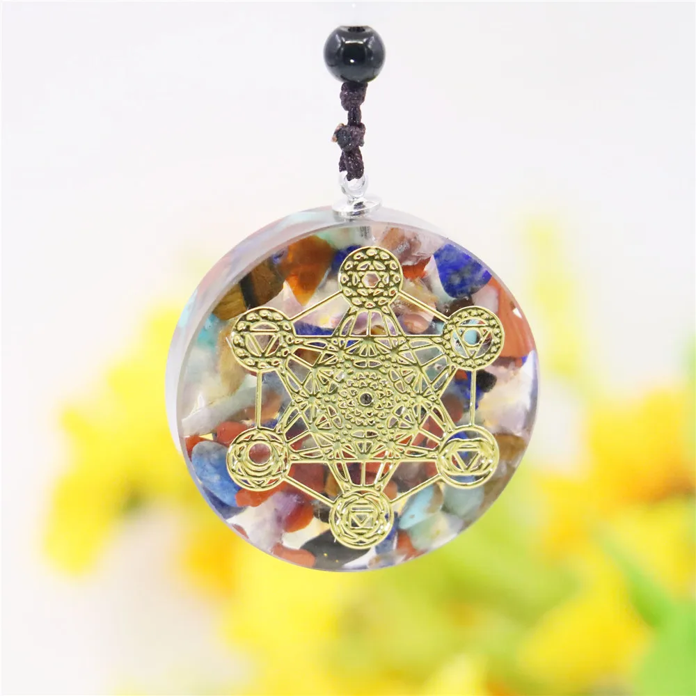 

36mm Multicolor Symbol Resin Round Faceted Natural Crushed Stone Necklace Women Girls Rope Chain Sweater Chain Jewelry Making