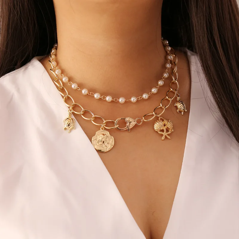 

Europe and the United States best-selling new pearl coin starfish turtle multilayer fashion exaggerated lady necklace