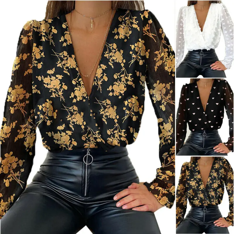 

Womens Long Sleeve Floral Printed Chiffon V-Neck Tops Spring Casual T-Shirts New