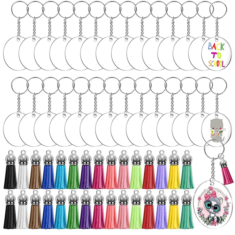 

DIY Keychains Car Acrylic Clear Circle Discs Souvenir Key Chains Tassel Blanks Keychain Set Car Key Holder Keyring Accessories