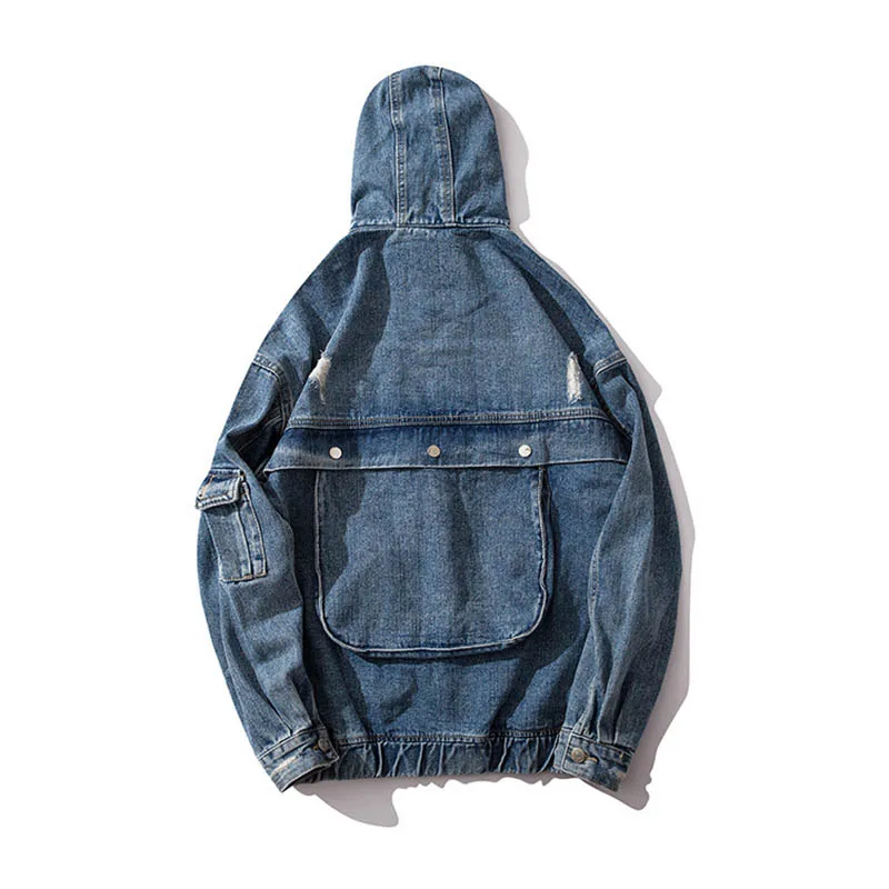 

KIOVNO Men Fashion Casual Denim Jacket Hooded Multi Pockets Ripped Jeans Jackets Outwear For Male Size M-XXL Streetwear