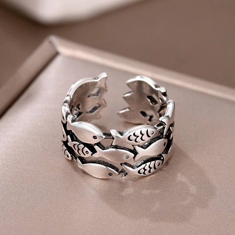 

Retro Multilayer Fish Rings Big Ancient-Silver Color Female Statement Jewelry Wedding Ring Accessories Open Anillos For Women