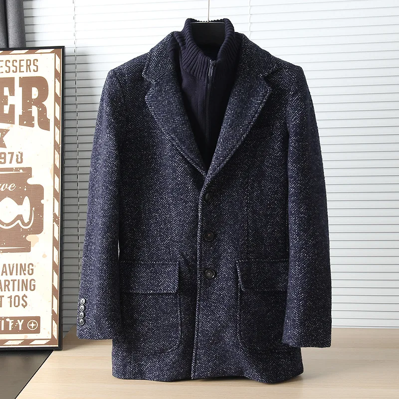 

Мужская одежда 2021 осень зима новый лацкан поддельные две части толстые теплые мужские средней длины свитер пальто куртка