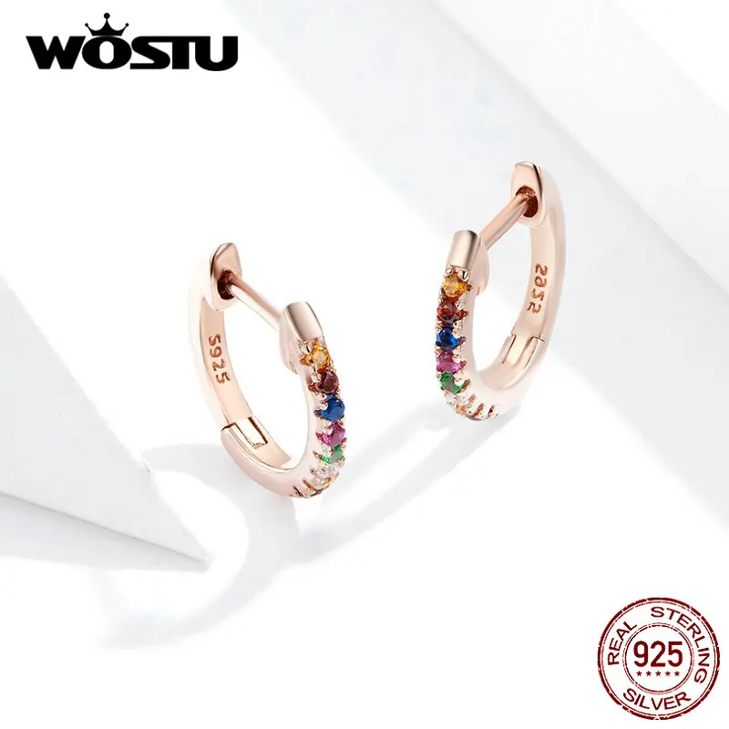 WOSTU Real 925 Sterling Silver Colorful Zircon Rose Gold Stud Earrings For Women Wedding Small Jewelry Gift DXE721-C | Украшения и