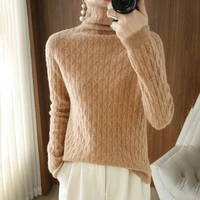 high neck 100 pure wool sweater women 2021 new autumn and winter grid warm pullover sweater waist slimming knitted long sleeves