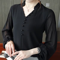 blusas mujer de moda 2021 black vintage chiffon blouse v neck women shirt korean long sleeve woman clothes ladies tops femme
