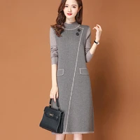 new women plaid sweater dress autumn winter 2021 casual thick warm plus velvet basic knitted pullover dress loose long sweater