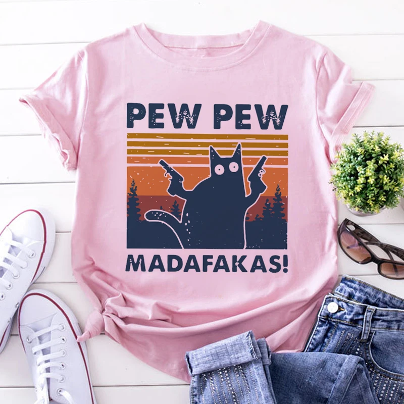 

Murderous Black Cat With Gun Funny White T Shirt Pew Pew Madafakas Print T-shirt Women Short Sleeve Halloween Top Female Tshirt