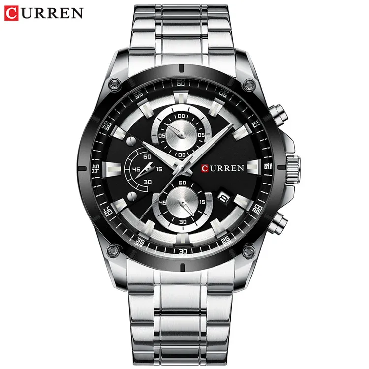 Silver black CURREN Мужские часы Лидирующий бренд роскошные часы мужские военные стальные спортивные часы водонепроницаемые кварцевые наручные часы Мужские часы - Цвет: Silver black