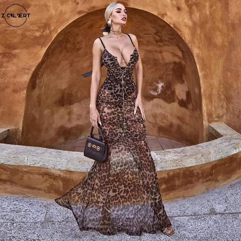 

The new fall fashion low-cut lace-up Leopard print mesh Dress 2021 detonation products Deep V Neck Cami Sexy England Style