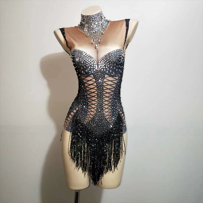 Women Jazz Dance Wear black Stretch Bodysuit Outfit Fringe Rhinestone One piece Jumpsuit Show Sexy DJ Costume Stage Costume rave