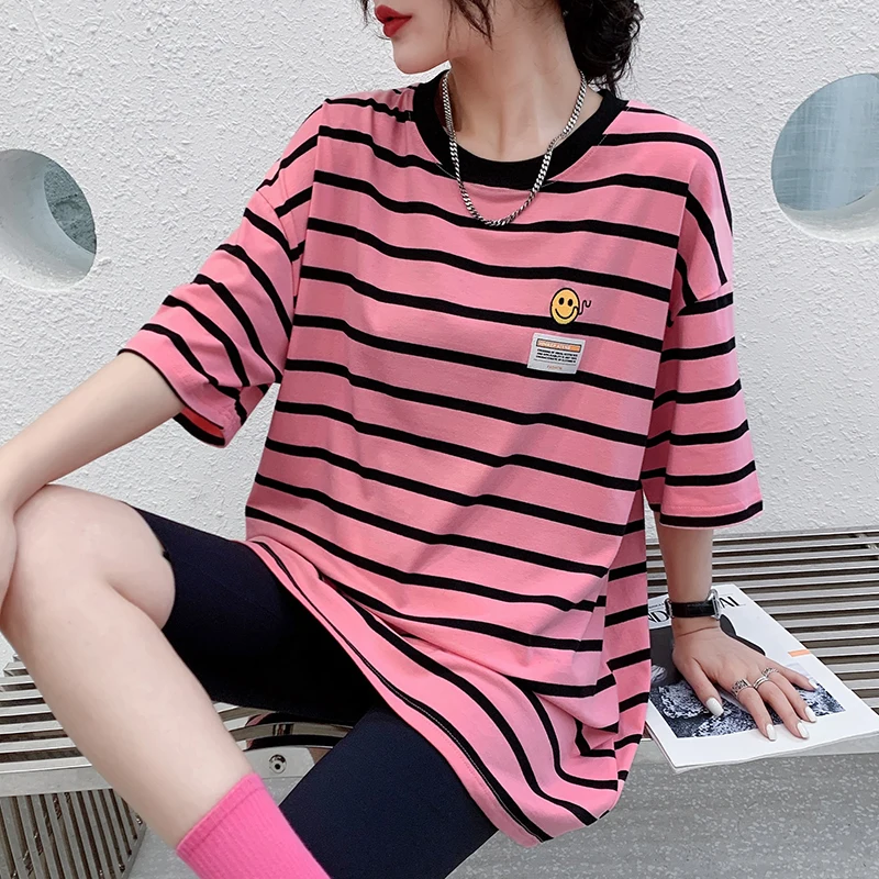 

new female t shirt short sleeve summer Stripe printing loose mid-length tide student clothes Harajuku woman t shirt