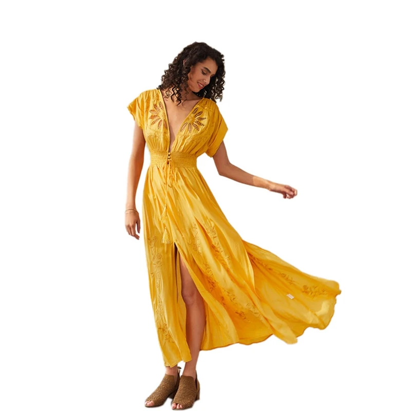 

Sundress for Women Deep V Neck Hollow Out Embroidered Floral Sexy Split Summer Dress Bohemian Long Dress