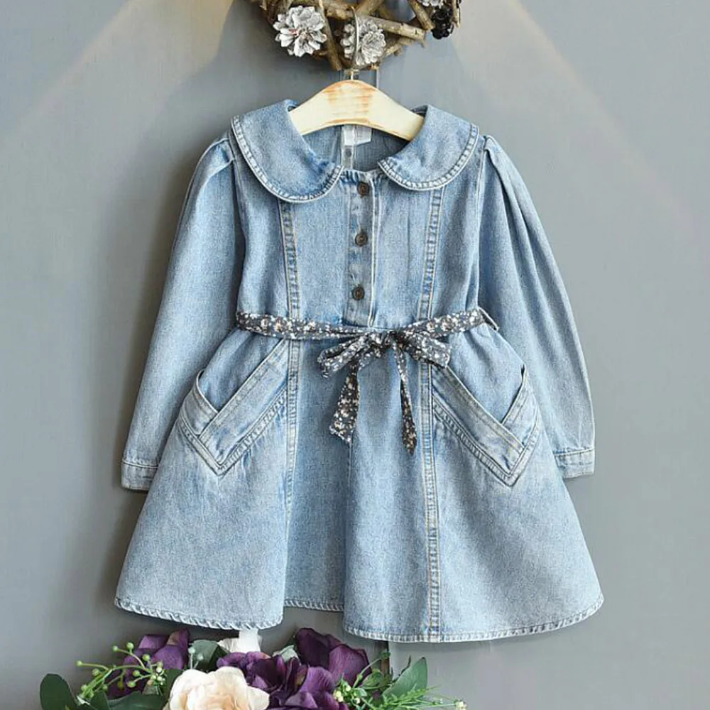 

Long Sleeve Children Dresses Blue Denim School Peter Pan Collar Spring Autumn Little Girls Clothing With Sashes