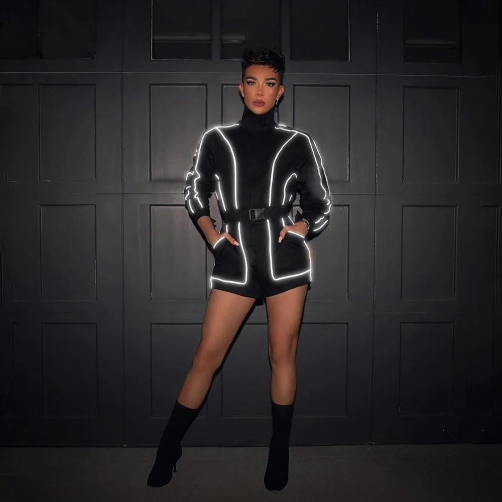 Qiuxuan светоотражающий полосатый лоскутный женский комбинезон с поясом длинным