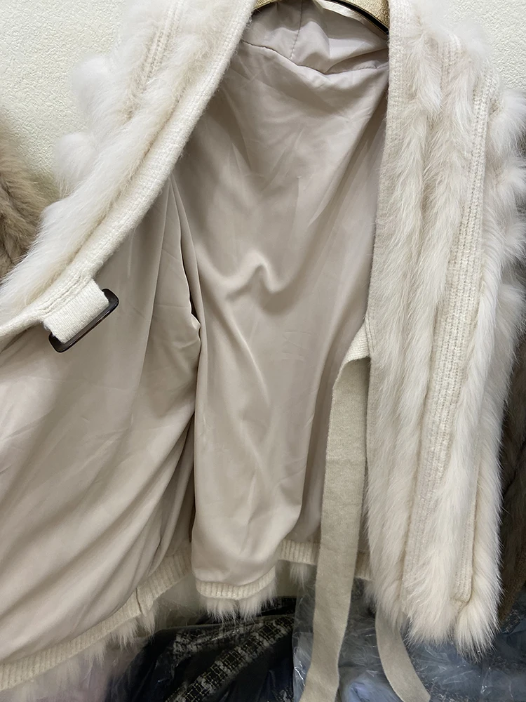 Women Real Fox Fur Knitting OverSize Loose Spring Fox Fur Strip Sewed Together Outside Decoration Lady's Fashion Sweater Coat