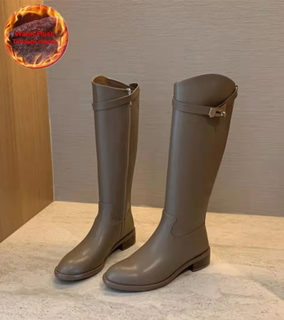 

Women Knee High Boots Riding Warm Female Thick High Heels Motorcycle Boots Punk Shoes Woman Grey Brown Classic metal buckle