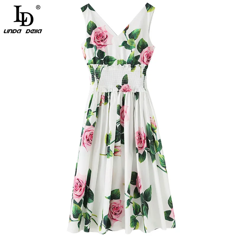 

LD LINDA DELLA Summer Fashion Runway White Cotton Dress Women V-Neck Elastic waist Ruffles Rose Floral Print Elegant Midi Dress