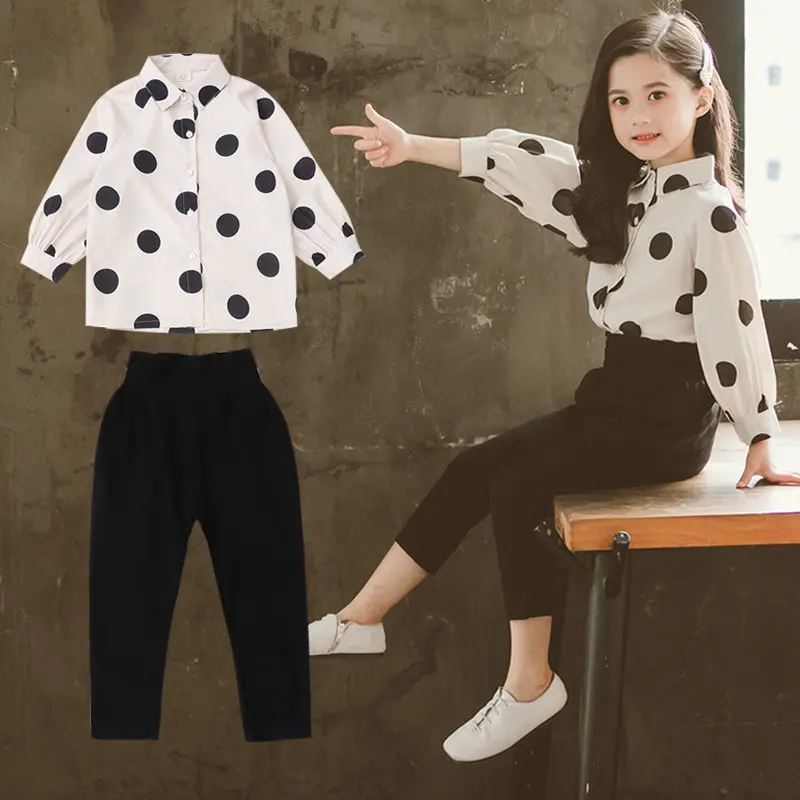 Весенний Повседневный Спортивный костюм для детей рубашка в горошек + штаны 2