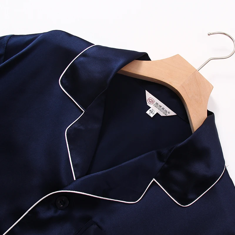 100% Real Silk Pajama for Men Sleepwear Dark Blue Pyjamas Satin Pijamas Homme PJs Home Clothes Hangzhou Pure Silk Pajamas Sets