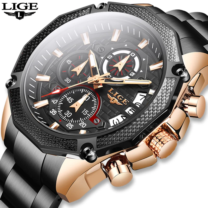 2020 новые модные синие часы Мужские кварцевые LIGE стальной ремешок