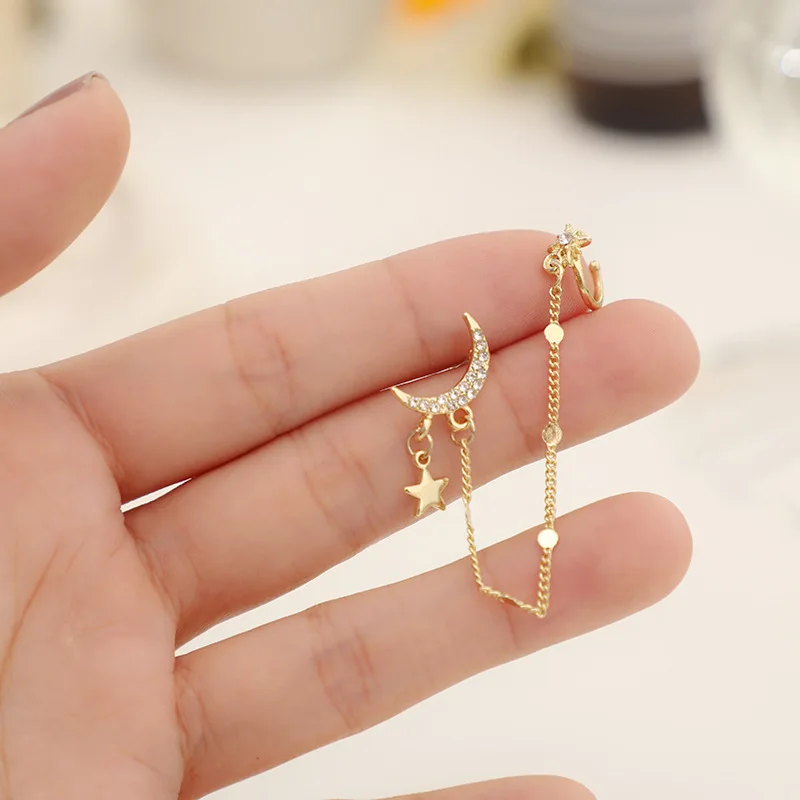 

Sweet Style Gold Color Star Long Tassels Chain Pendant Zirconia Moon Ear Cuff Clip on Earring For Girl No Pierced Non Piercing