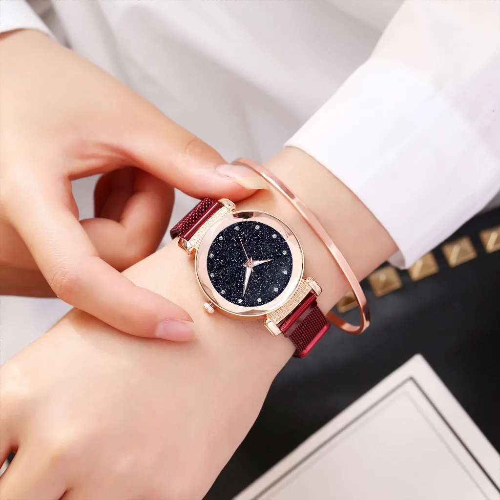 

2021 Fashion Simple Starry Dial Stainless Steel Mesh Belt Ladies Quartz Watch Gift Ladies Bracelet For Women's Watches